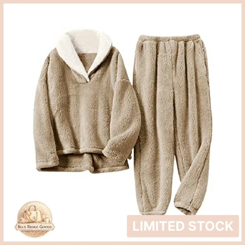 Cozy Sherpa Fleece Pajama Set Oversized Lapel Pullover Lounge Wear Y2K